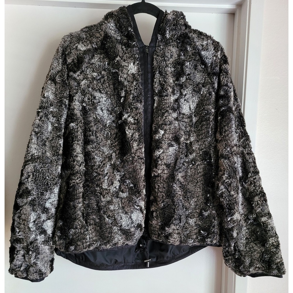 Lauren Vidal Faux Fur Hooded‎ Bomber Jacket Size S Grey Black Metallic